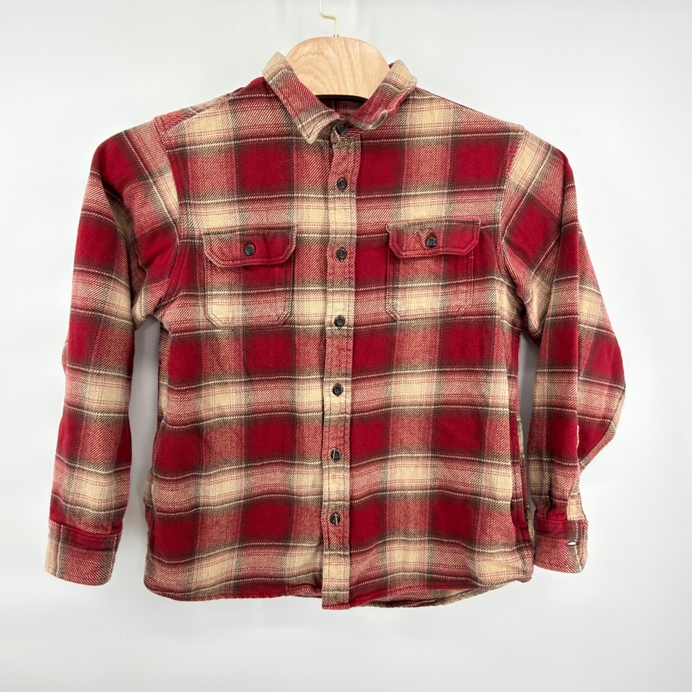 Orvis Flannel Shirt Mens L Red Cream Brown Plaid Cotton Button Down Pockets